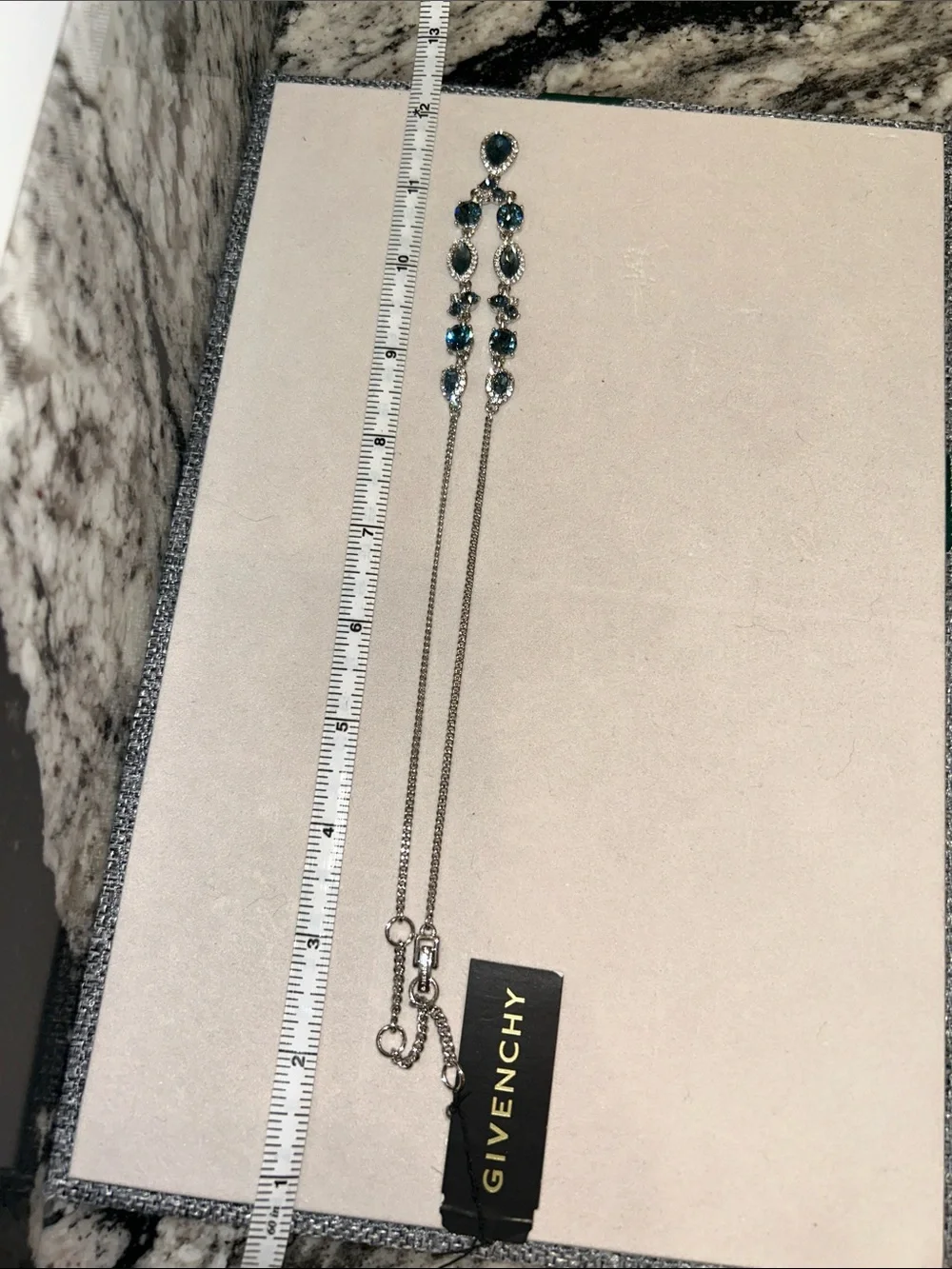 Givenchy Teal and Silver Crystal Linear Pendant Necklace